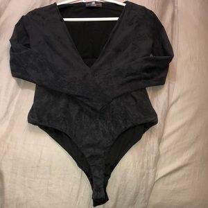 Grey Lux La Suede Deep V neckline bodysuit - similar style to House of CB